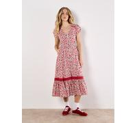 Druckkleid APRICOT "Ditsy Floral Button Down Midikleid", Damen, Gr. XS (34), N-Gr, weiß, gewebt, Obermaterial: 100% Viskose CV., geblümt, normal, V-Ausschnitt, Kleider Druckkleid, mit Volant und Spitz