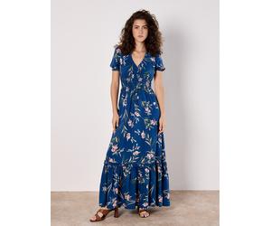 Druckkleid APRICOT "Florales Maxikleid", Damen, Gr. XS (34), N-Gr, blau, gewebt, Obermaterial: 100% Viskose CV., geblümt, normal, V-Ausschnitt, Puffärmel mit Gummizug, Kleider Druckkleid, mit gesmokte