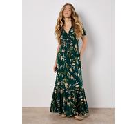 Druckkleid APRICOT "Florales Maxikleid", Damen, Gr. XS (34), N-Gr, grün, gewebt, Obermaterial: 100% Viskose CV., geblümt, normal, V-Ausschnitt, Puffärmel mit Gummizug, Kleider Druckkleid, mit gesmokte
