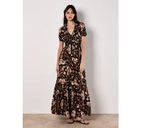 Druckkleid APRICOT "Gemustertes Maxikleid", Damen, Gr. S (36), N-Gr, schwarz, gewebt, Obermaterial: 100% Viskose CV., gemustert, normal, V-Ausschnitt, Fledermausärmel Elastisch, Kleider Druckkleid, mi