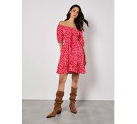 Druckkleid APRICOT "Sarasa-Minikleid", Damen, Gr. S (36), N-Gr, rot, gewebt, Obermaterial: 100% Viskose CV., geblümt, normal, Puffärmel Elastisch, Kleider Druckkleid, mit Blumenmuster und Bardot-Aussc