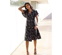Druckkleid CLASSIC BASICS "Druck-Kleid", Damen, Gr. 54, Normalgrößen, rosa (schwarz, altrosa, bedruckt), 100% Polyester, geblümt, gemustert, mehrfarbig, knielang, V-Ausschnitt, Kleider Druckkleid (301