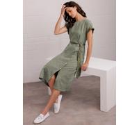 Druckkleid CREATION L PREMIUM "Leinen-Kleid", Damen, Gr. 40, Normalgrößen, grün (khaki, weiß, bedruckt), Web, 100% Leinen, bedruckt, gemustert, gepunktet, mehrfarbig, wadenlang, Rundhals, Kleider Druc