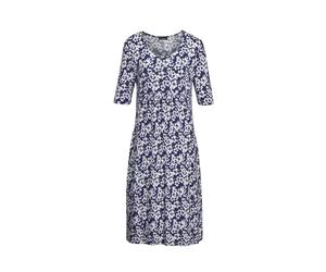 Druckkleid GOLDNER "Elastisches Jerseykleid mit modischem Druck", Damen, Gr. 42, N-Gr, blau (marine, geblümt), Obermaterial: 96% Viskose CV. 4% Elasthan EL., Modisch, Gerade, Kleider Druckkleid, Appli