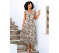 Druckkleid HEINE "Druck-Kleid", Damen, Gr. 36, Normalgrößen, sand, braun, bedruckt, 75% Viskose, 25% Polyamid, bedruckt, gemustert, mehrfarbig, lang, V-Ausschnitt, Kleider Druckkleid (93800901-36) san