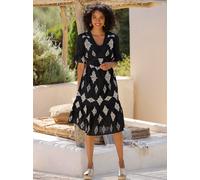Druckkleid HEINE "Druck-Kleid", Damen, Gr. 36, Normalgrößen, schwarz-weiß (schwarz, beige, bedruckt), 100% Baumwolle, bedruckt, geblümt, gemustert, mehrfarbig, metallic, knielang, V-Ausschnitt, Kleide