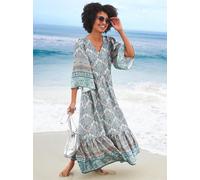 Druckkleid HEINE "Druck-Kleid", Damen, Gr. 38, Normalgrößen, beige (sand, flamingo, bedruckt), 100% Viskose, bedruckt, gemustert, mehrfarbig, lang, V-Ausschnitt, Kleider Druckkleid (36874500-38) sand,