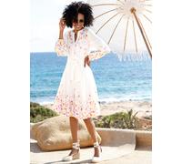 Druckkleid HEINE "Druck-Kleid", Damen, Gr. 40, Normalgrößen, bunt (ecru, orange, bedruckt), 100% Baumwolle, Unterkleid:100% Viskose, bedruckt, geblümt, gemustert, mehrfarbig, knielang, Rundhals, Kleid