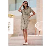 Druckkleid HEINE "Druck-Kleid", Damen, Gr. 40, Normalgrößen, sesam, anthrazit, bedruckt, 63% Baumwolle, 35% Lyocell, 2% Elasthan, bedruckt, gemustert, mehrfarbig, kurz, V-Ausschnitt, Kleider Druckklei