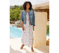 Druckkleid HEINE "Druck-Kleid", Damen, Gr. 40, Normalgrößen, weiß, koralle, bedruckt, 100% Viskose, bedruckt, gemustert, mehrfarbig, lang, Rundhals, Kleider Druckkleid (19979832-40) weiß, koralle, bed