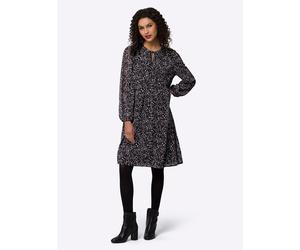 Druckkleid HEINE "Druck-Kleid", Damen, Gr. 42, Normalgrößen, lila (schwarz, violett, bedruckt), 100% Polyester, bedruckt, geblümt, gemustert, mehrfarbig, kurz, Rundhals, Kleider Druckkleid (55544631-4
