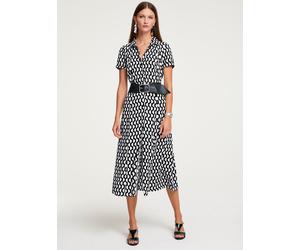 Druckkleid HEINE "Druck-Kleid", Damen, Gr. 42, Normalgrößen, schwarz-weiß (schwarz, ecru), 100% Viskose, bedruckt, gemustert, wadenlang, Kleider Druckkleid (67483408-42) schwarz, ecru