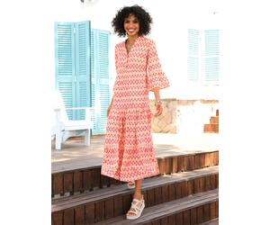 Druckkleid HEINE "Druck-Kleid", Damen, Gr. 46, Normalgrößen, apricot, orange, bedruckt, 100% Viskose, bedruckt, gemustert, mehrfarbig, lang, V-Ausschnitt, Kleider Druckkleid (91662712-46) apricot, ora