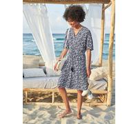 Druckkleid HEINE "Druck-Kleid", Damen, Gr. 46, Normalgrößen, blau (marine, ecru, bedruckt), 100% Viskose, bedruckt, geblümt, gemustert, mehrfarbig, kurz, V-Ausschnitt, Kleider Druckkleid (18253544-46)