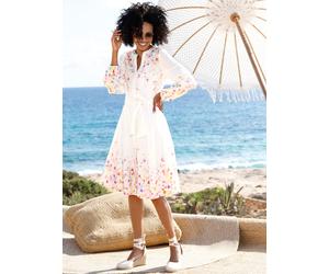 Druckkleid HEINE "Druck-Kleid", Damen, Gr. 46, Normalgrößen, bunt (ecru, orange, bedruckt), 100% Baumwolle, Unterkleid:100% Viskose, bedruckt, geblümt, gemustert, mehrfarbig, knielang, Rundhals, Kleid