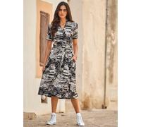 Druckkleid HEINE "Druck-Kleid", Damen, Gr. 46, Normalgrößen, schwarz-weiß (schwarz, weiß, bedruckt), 95% Viskose, 5% Elasthan, bedruckt, gemustert, mehrfarbig, wadenlang, V-Ausschnitt, Kleider Druckkl
