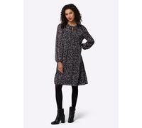 Druckkleid HEINE "Druck-Kleid", Damen, Gr. 48, Normalgrößen, lila (schwarz, violett, bedruckt), 100% Polyester, bedruckt, geblümt, gemustert, mehrfarbig, kurz, Rundhals, Kleider Druckkleid (55544631-4