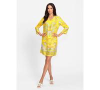 Druckkleid HEINE "Druck-Kleid", Damen, Gr. 50, Normalgrößen, gelb (sonnengelb, limone, bedruckt), 100% Viskose, bedruckt, geblümt, gemustert, mehrfarbig, kurz, V-Ausschnitt, Kleider Druckkleid (732251
