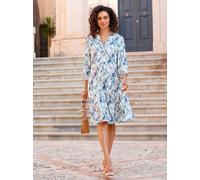 Druckkleid INSPIRATIONEN "Druck-Kleid", Damen, Gr. 36, Normalgrößen, blau (ecru, jeansblau, bedruckt), 100% Viskose, bedruckt, gemustert, mehrfarbig, kurz, V-Ausschnitt, Kleider Druckkleid (63235807-3