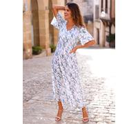 Druckkleid INSPIRATIONEN "Druck-Kleid", Damen, Gr. 38, Normalgrößen, weiß (ecru, marine, bedruckt), 100% Viskose, geblümt, gemustert, lang, V-Ausschnitt, Kleider Druckkleid (86662413-38) ecru, marine,