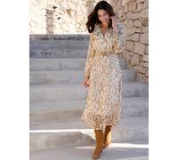 Druckkleid INSPIRATIONEN "Druck-Kleid", Damen, Gr. 44, Normalgrößen, schilf, champagner, bedruckt, 100% Polyester, geblümt, gemustert, mehrfarbig, lang, V-Ausschnitt, Kleider Druckkleid (38432763-44) 
