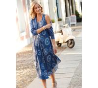 Druckkleid INSPIRATIONEN "Kleid", Damen, Gr. 40, Normalgrößen, blau (rauchblau, graphit, bedruckt), 100% Viskose, bedruckt, gemustert, mehrfarbig, wadenlang, Rundhals, Kleider Druckkleid (77223034-40)