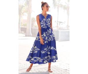 Druckkleid LASCANA, Damen, Gr. 36, N-Gr, beige (creme, royalblau), Web, Obermaterial: 100% Viskose, bedruckt, figurumspielend knöchellang, V-Ausschnitt, Kleider Druckkleid, mit Volants, Topseller (301