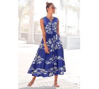 Druckkleid LASCANA, Damen, Gr. 38, N-Gr, creme, royalblau, Web, Obermaterial: 100% Viskose, bedruckt, figurumspielend knöchellang, V-Ausschnitt, Kleider Druckkleid, mit Volants, Topseller (30198258-38