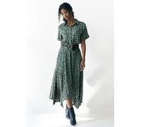 Druckkleid LASCANA, Damen, Gr. 44, N-Gr, grün (grün, schwarz bedruckt), Web, Obermaterial: 100% Viskose, bedruckt, figurumspielend ca. Mitte Wade, Kleider Druckkleid, mit Punktedruck und asymmetrische