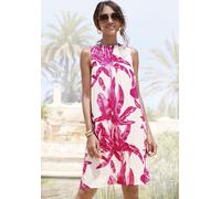 Druckkleid LASCANA "mit sommerlichem Allover-Print aus Webware", Damen, Gr. 46, N-Gr, pink (creme, pink bedruckt), Web, Obermaterial: 100% Viskose, bedruckt, figurumspielend knieumspielend, Rundhals, 
