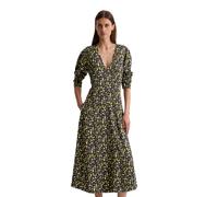 Druckkleid MARC O'POLO "aus Viskose-Stretch-Satin", Damen, Gr. 32, Normalgrößen, medium grün, Obermaterial: 99% Viskose, 1% Elasthan, bedruckt, weit wadenlang, V-Ausschnitt, Kleider Druckkleid (996340