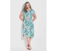 Sommerkleid GOLDNER "Kurzgröße Grünes Midikleid mit floralem Muster", Damen, Gr. 23, K-Gr, grün (grün, gemustert), Obermaterial: 100% Viskose CV., figurumspielend, Sonstiges, Kleider Sommerkleid, Kräu