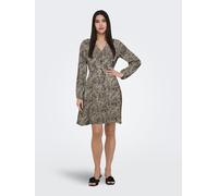 Druckkleid ONLY "ONLEVIDA L/S SHORT DRESS WVN NOOS", Damen, Gr. XS, N-Gr, pumice stone aop:alma heart leo, Web, Obermaterial: 100% Viskose, bedruckt, regular fit kniefrei, V-Ausschnitt, Kleider Druckk