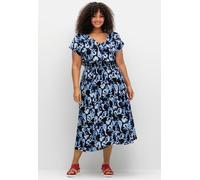 Druckkleid SHEEGO "Druckkleid", Damen, Gr. 46, Normalgrößen, blau (marine, gemustert), 100% Viskose, bedruckt, geblümt, gemustert, wadenlang, V-Ausschnitt, Kleider Druckkleid (35054030-46) marine, gem