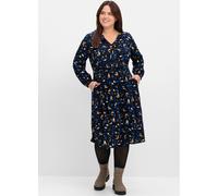Druckkleid SHEEGO "Druckkleid", Damen, Gr. 48, Normalgrößen, tiefblau, gemustert, 100% Viskose, geblümt, gemustert, mehrfarbig, bedruckt, wadenlang, V-Ausschnitt, Langarm, Kleider (71821846-48) tiefbl