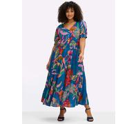Druckkleid SHEEGO "Kleid", Damen, Gr. 48, Normalgrößen, royalblau, erdbeere, gemustert, 100% Viskose, bedruckt, gemustert, lang, V-Ausschnitt, Kleider Druckkleid (99074849-48) royalblau, erdbeere, gem