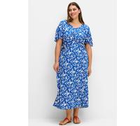 Druckkleid SHEEGO "Sommerkleid", Damen, Gr. 40, Normalgrößen, blau (kobalt, bedruckt), 97% Viskose, 3% Elasthan, geblümt, gemustert, lang, V-Ausschnitt, Kleider Druckkleid (62298804-40) kobalt, bedruc