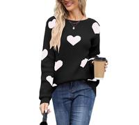 Drvitor Damen-Pullover, langärmelig, Rundhalsausschnitt, niedlich, mit mehreren Herzen, Strickpullover, lässiger Pullover, 640 Schwarz-Weiß, X-Groß