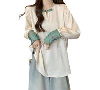 DSAoTeng Chinesisches Damen-Shirt, lange Ärmel, Platte, Schnalle, lässig, Vintage, lockere Passform, traditioneller chinesischer Stehkragen, Bluse, beige, XXL