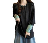 DSAoTeng Chinesisches Damen-Shirt, lange Ärmel, Platte, Schnalle, lässig, Vintage, lockere Passform, traditioneller chinesischer Stehkragen, Bluse, Schwarz , XXL