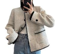 DSAoTeng Damen-Blazer mit langen Ärmeln, Rundhalsausschnitt, kragenlos, kurz, kariert, mit Taschen, lässig, elegant, Tweed-Jacke für Arbeit, Büro, grau, S