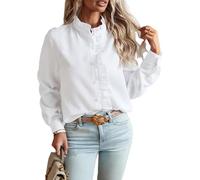 DSAoTeng Damen-Bluse mit Rüschenbesatz, Knopfleiste, Stehkragen, langärmelig, lässig, elegant, gestreift, Rüschenkragen, Herbst, Büro, Arbeitskleidung, weiß, L