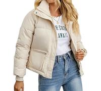 DSAoTeng Damen-Daunenjacke mit Stehkragen, Reißverschluss, bauchfrei, winddicht, mit Taschen, lässig, leicht, lockere Passform, gesteppter Daunenmantel für den Winter, weiß, M