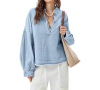 DSAoTeng Damen-Denim-Shirt, Übergröße, V-Ausschnitt, Puffärmel, lässig, lockere Passform, Retro-Denim-Bluse, Herbst, Winter, Streetwear, hellblau, M