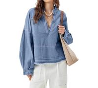 DSAoTeng Damen-Denim-Shirt, Übergröße, V-Ausschnitt, Puffärmel, lässig, lockere Passform, Retro-Denim-Bluse, Herbst, Winter, Streetwear, blau, M