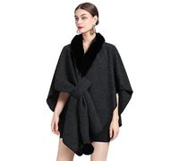 DSAoTeng Damen Fledermausärmel Kunstfellkragen Umhang Schal Elegant Warm Strick Wrap Poncho Cape Cardigan für Abend Hochzeit Herbst Winter Party, Schwarz , Einheitsgröße