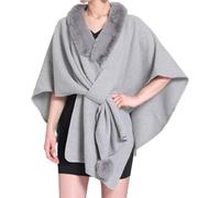 DSAoTeng Damen Fledermausärmel Kunstfellkragen Umhang Schal Elegant Warm Strick Wrap Poncho Cape Cardigan für Abend Hochzeit Herbst Winter Party, hellgrau, Einheitsgröße