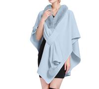 DSAoTeng Damen Fledermausärmel Kunstfellkragen Umhang Schal Elegant Warm Strick Wrap Poncho Cape Cardigan für Abend Hochzeit Herbst Winter Party, hellblau, Einheitsgröße