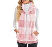 DSAoTeng Damen-Fleeceweste mit Reißverschluss - Sherpa-Karo, flauschige Weste, ärmellose Weste, Freizeitjacke, leicht, warm, Oberbekleidung mit Tasche, rose, 52