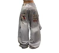 DSAoTeng Damen Jeans mit lockerem Totenkopf-Druck, weites Bein, große Taschen, lässig, Vintage, Y2K, entspannte Passform, niedrige Taille, Gothic-Denim-Hose, Grunge-Streetwear, hellblau, M